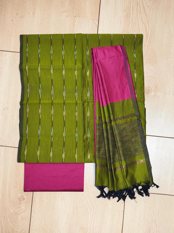 Green & Mustard Pochampally Ikkat Silk Dress Material with Dupatta