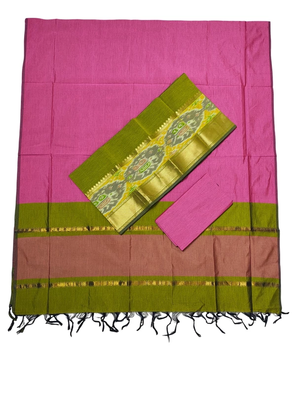 Green & Pink Pochampally Ikkat Silk Dress Material with Dupatta