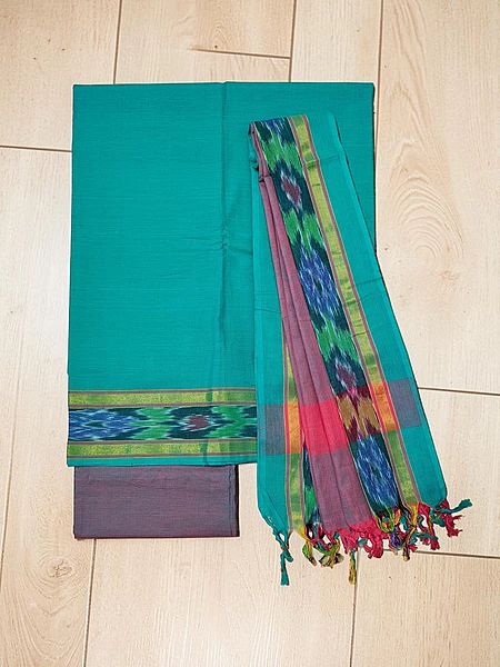 Teal & Pink Mangalagiri Cotton Unstitched Salwar Suit for Women