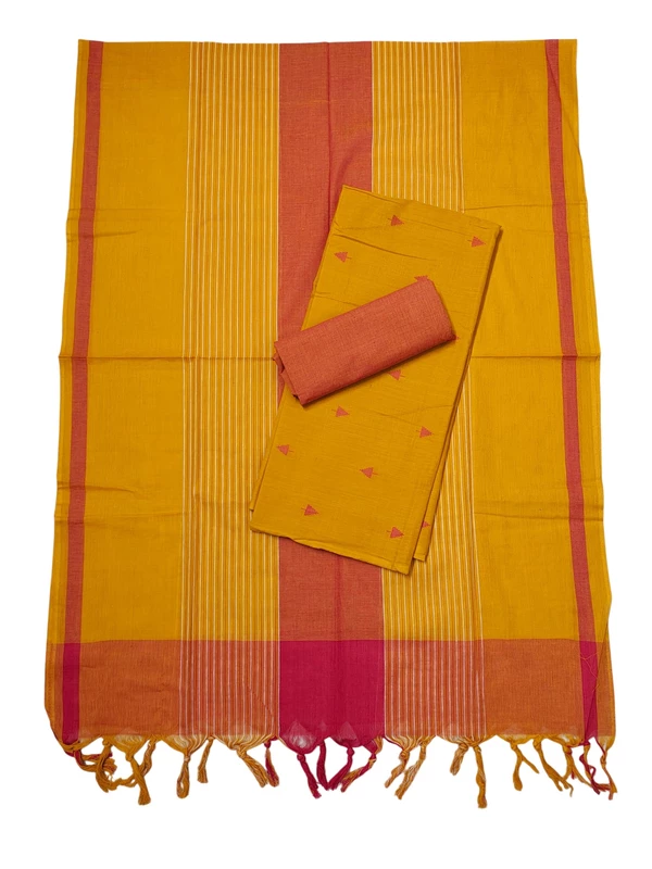 Mustard & Red Mangalagiri Cotton Unstitched Salwar Suit for Women