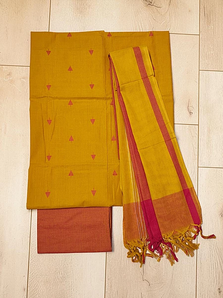 Mustard & Red Mangalagiri Cotton Unstitched Salwar Suit for Women