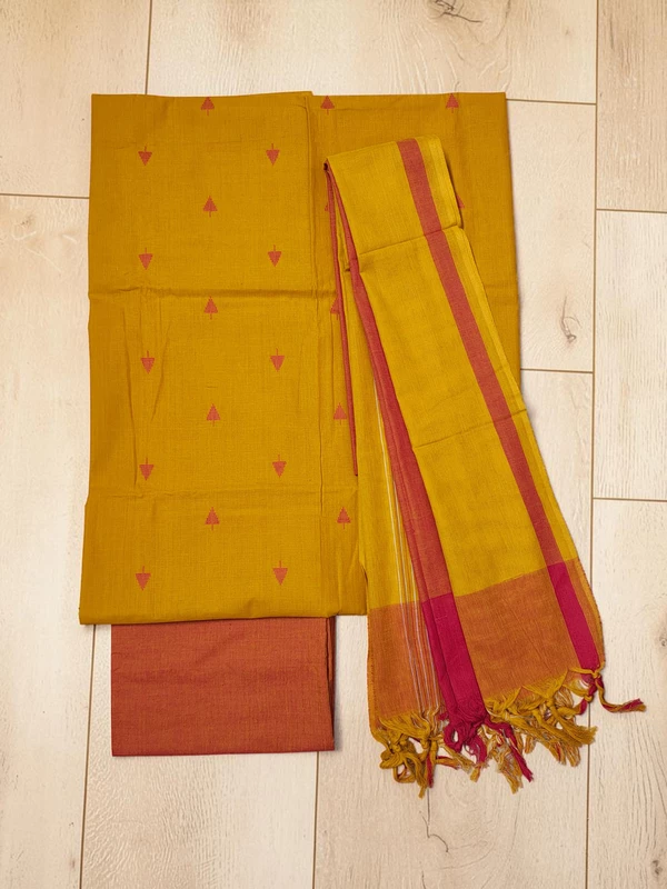 Mustard & Red Mangalagiri Cotton Unstitched Salwar Suit for Women