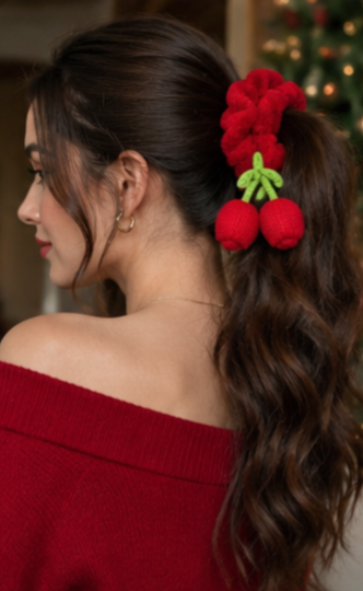 Plush Cherry Charm Hair Scrunchies