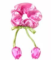 Satin Flower Charm Hair Scrunchies with Ribbon Ties