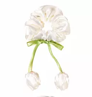Satin Flower Charm Hair Scrunchies with Ribbon Ties