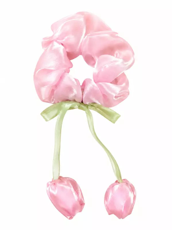 Satin Flower Charm Hair Scrunchies with Ribbon Ties