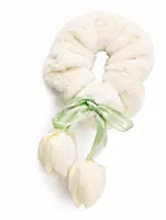 Plush Fur Hair Scrunchies with Floral Ribbon Charms