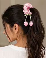 Satin Flower Charm Hair Scrunchies with Ribbon Ties