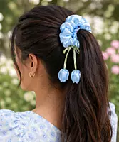 Satin Flower Charm Hair Scrunchies with Ribbon Ties