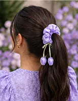 Satin Flower Charm Hair Scrunchies with Ribbon Ties