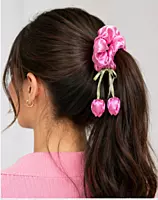 Satin Flower Charm Hair Scrunchies with Ribbon Ties