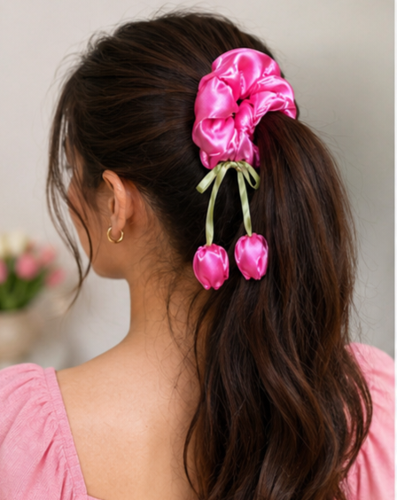 Satin Flower Charm Hair Scrunchies with Ribbon Ties