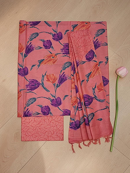 Peach Ajrakh Print Cotton Silk Unstitched Suit Set