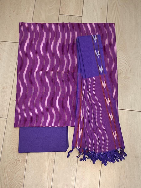 Purple & Pink Pochampally Ikkat Cotton Dress Material with Dupatta