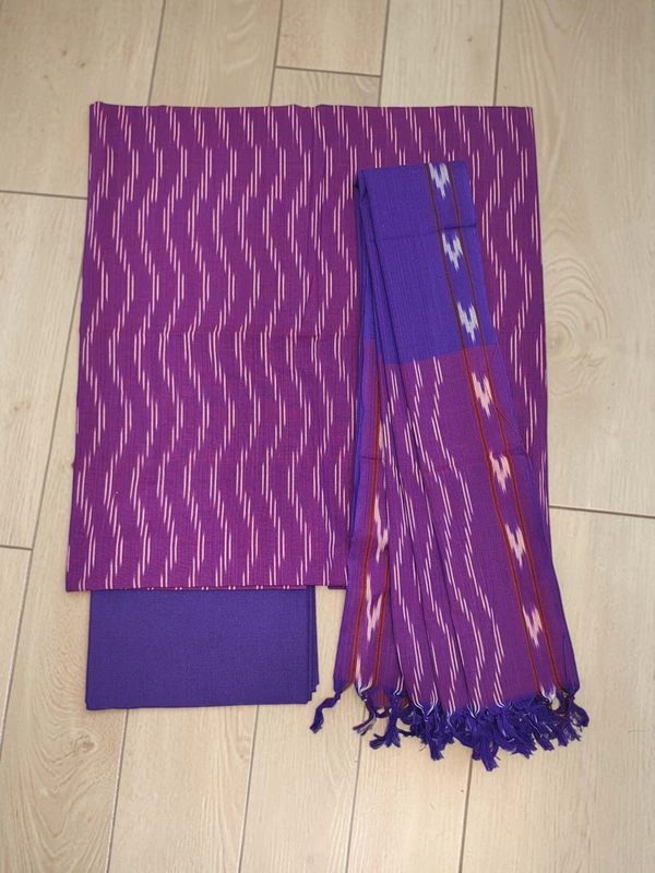 Purple & Pink Pochampally Ikkat Cotton Dress Material with Dupatta