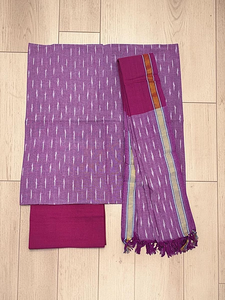 Purple & Red Pochampally Ikkat Cotton Dress Material with Dupatta