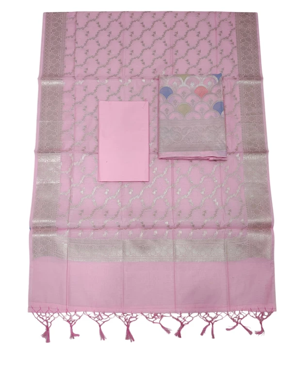 Baby Pink Banarasi Silk Unstitched Suit Set with dupatta for Women