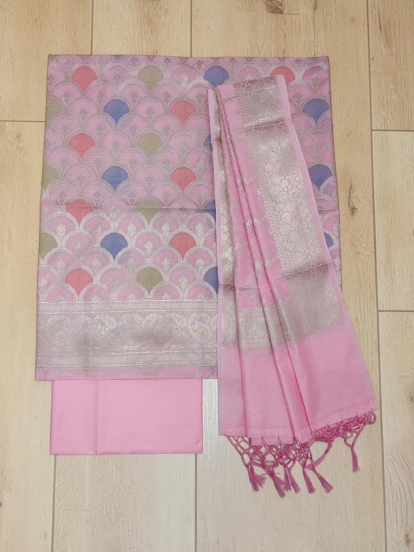 Baby Pink Banarasi Silk Unstitched Suit Set with dupatta for Women