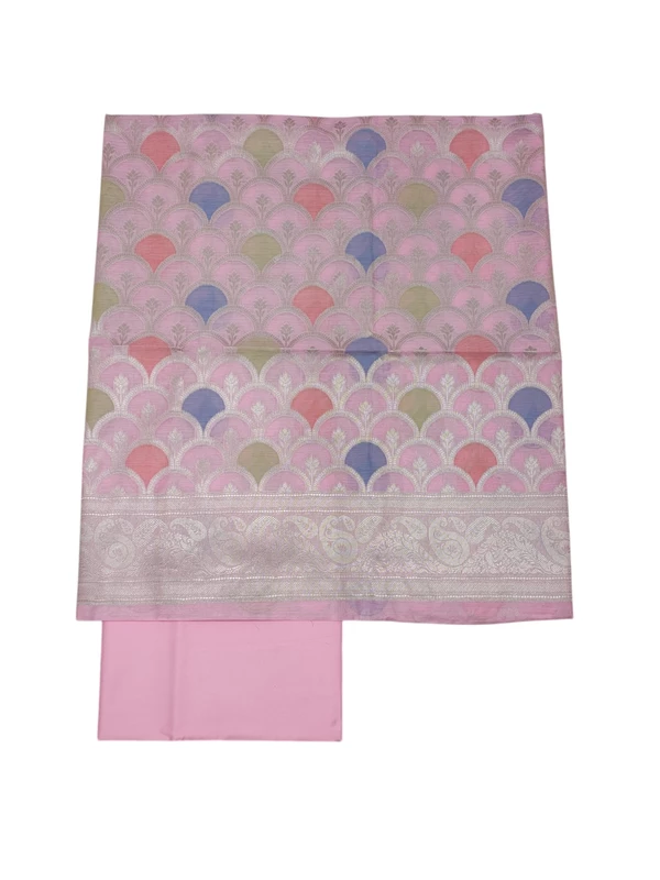 Baby Pink Banarasi Silk Unstitched Suit Set with dupatta for Women