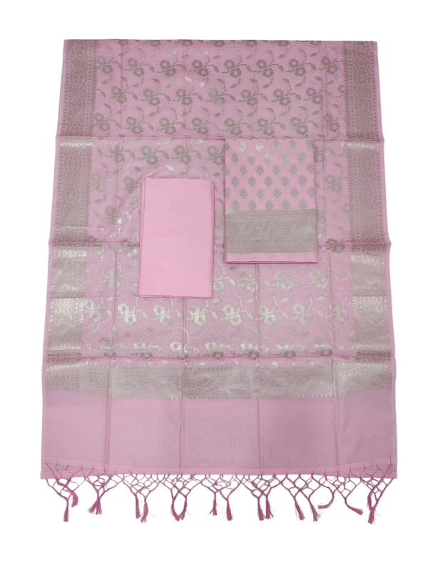 Dark Pink Banarasi Cotton Silk Unstitched Suit Set with dupatta for Women