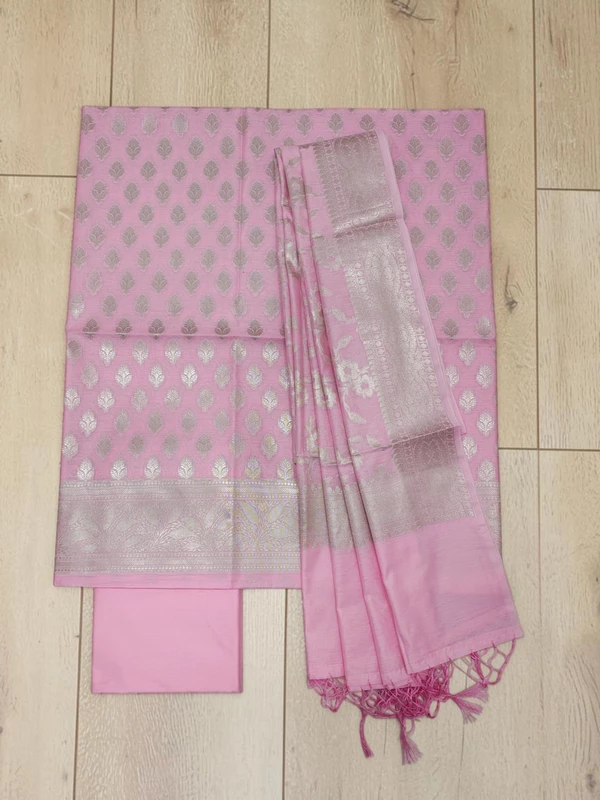 Dark Pink Banarasi Cotton Silk Unstitched Suit Set with dupatta for Women