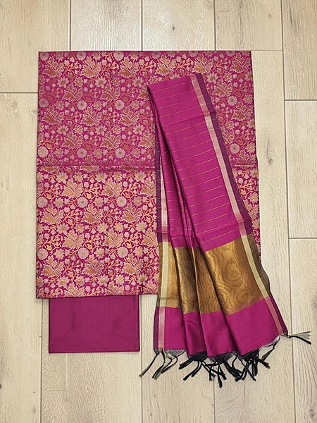 Pink Banarasi Cotton Silk Unstitched Salwar Suit Set with dupatta for Women