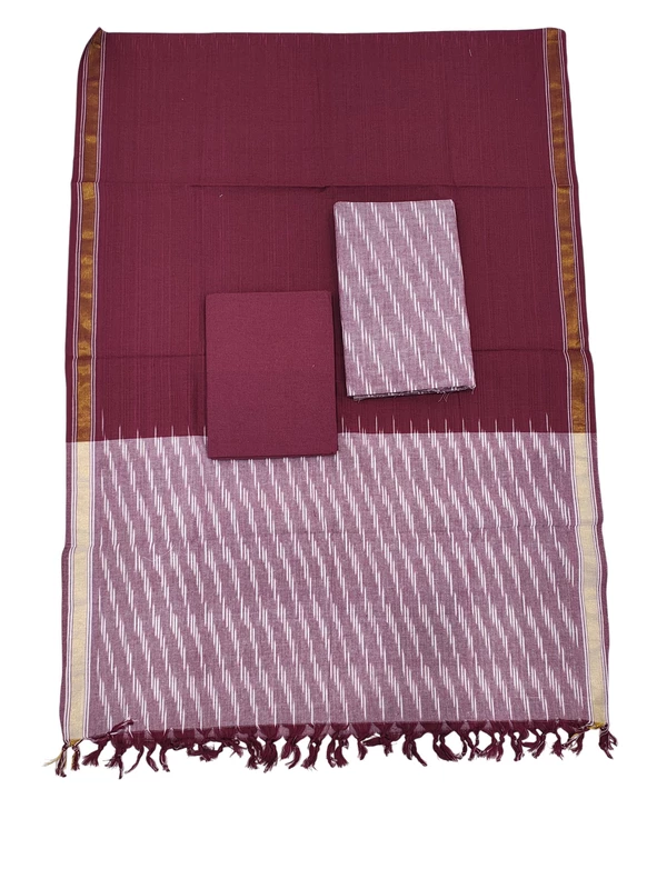 Maroon & White Ikkat Pure Cotton Unstitched Salwar Suit Set with Dupatta