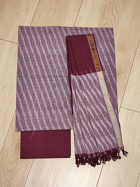 Maroon & White Ikkat Pure Cotton Unstitched Salwar Suit Set with Dupatta
