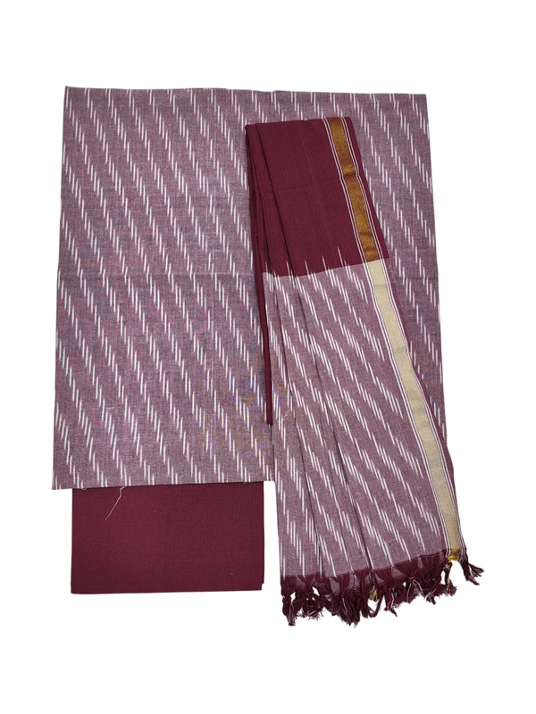 Maroon & White Ikkat Pure Cotton Unstitched Salwar Suit Set with Dupatta
