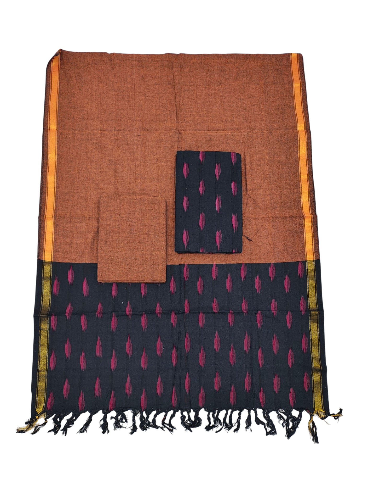 Black & Peach Pochampally Ikkat Cotton Dress Material with Dupatta