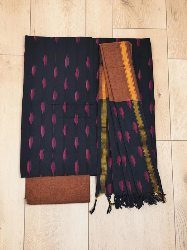 Black & Peach Pochampally Ikkat Cotton Dress Material with Dupatta