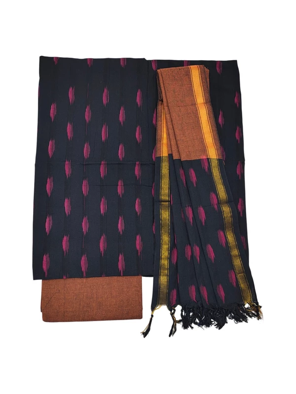 Black & Peach Pochampally Ikkat Cotton Dress Material with Dupatta