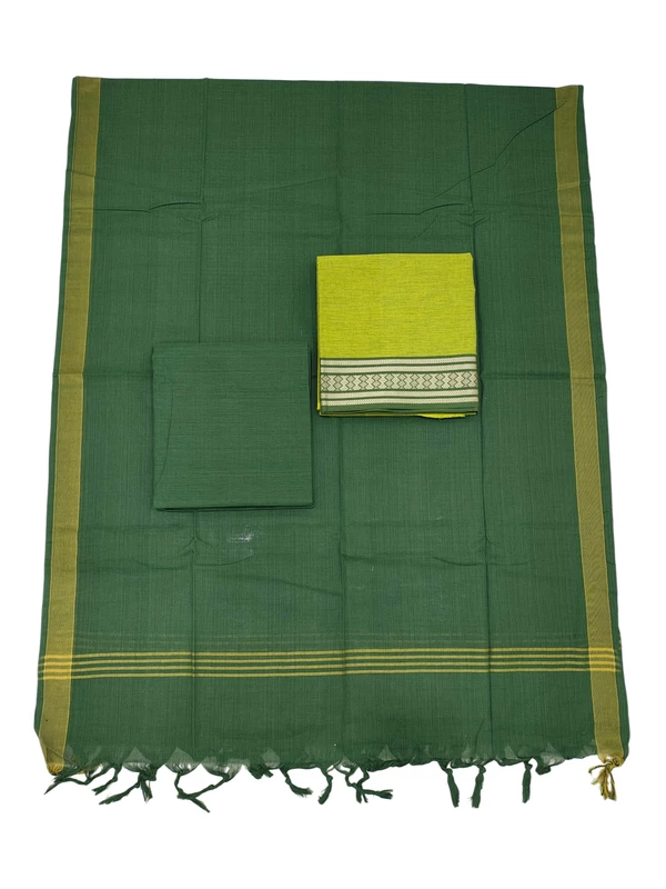 Green Pure Cotton Zari Border Unstitched Salwar Suit for Women