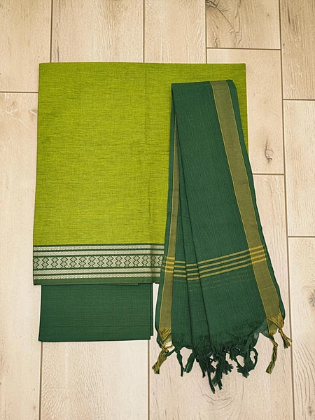 Green Pure Cotton Zari Border Unstitched Salwar Suit for Women