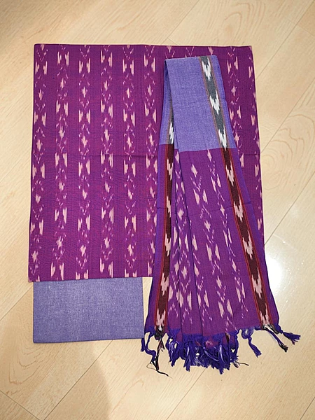 Purple Pochampally Ikkat Cotton Dress Material with Dupatta
