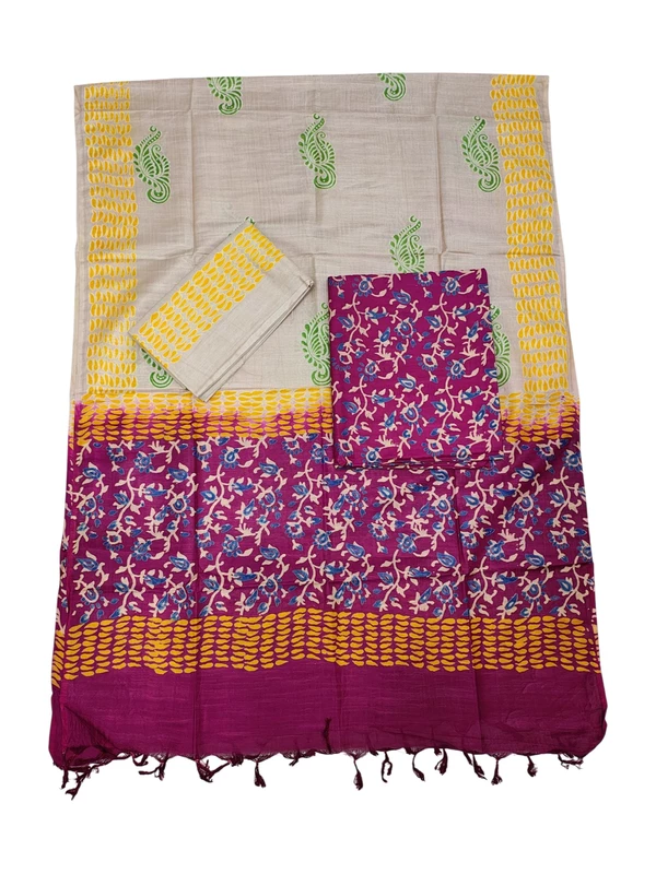 Magenta & Yellow Ajrakh Print Cotton Silk Unstitched Suit Set