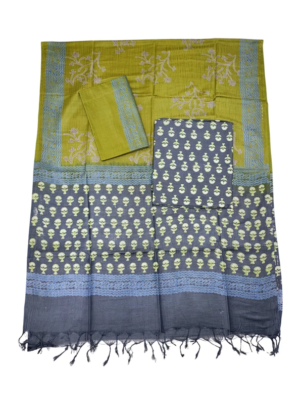 Gray & Olive Green Ajrakh Print Cotton Silk Unstitched Suit Set