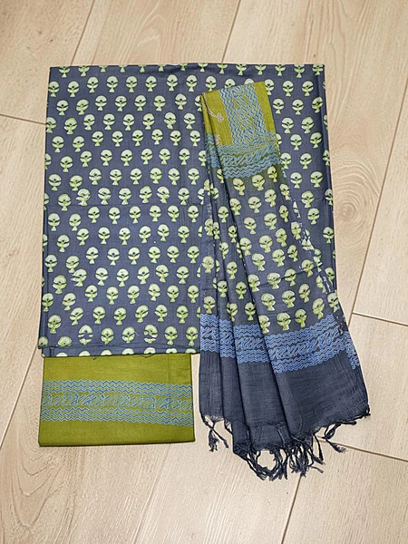 Gray & Olive Green Ajrakh Print Cotton Silk Unstitched Suit Set
