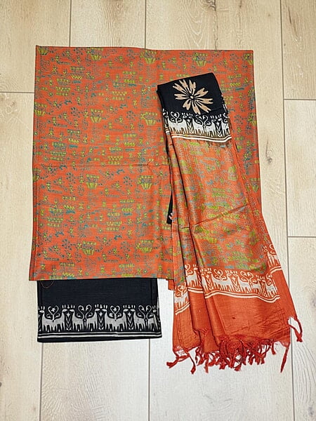 Dark Orange & Black Ajrakh Print Cotton Silk Unstitched Suit Set
