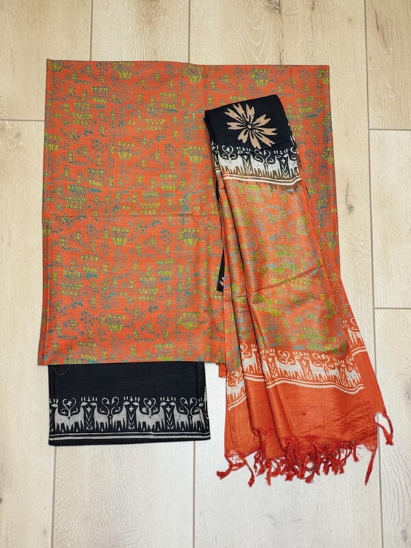 Dark Orange & Black Ajrakh Print Cotton Silk Unstitched Suit Set