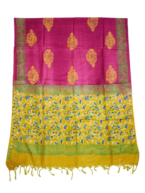 Yellow Unstitched Block Print Silk Salwar Suit Dress Material with Dupatta