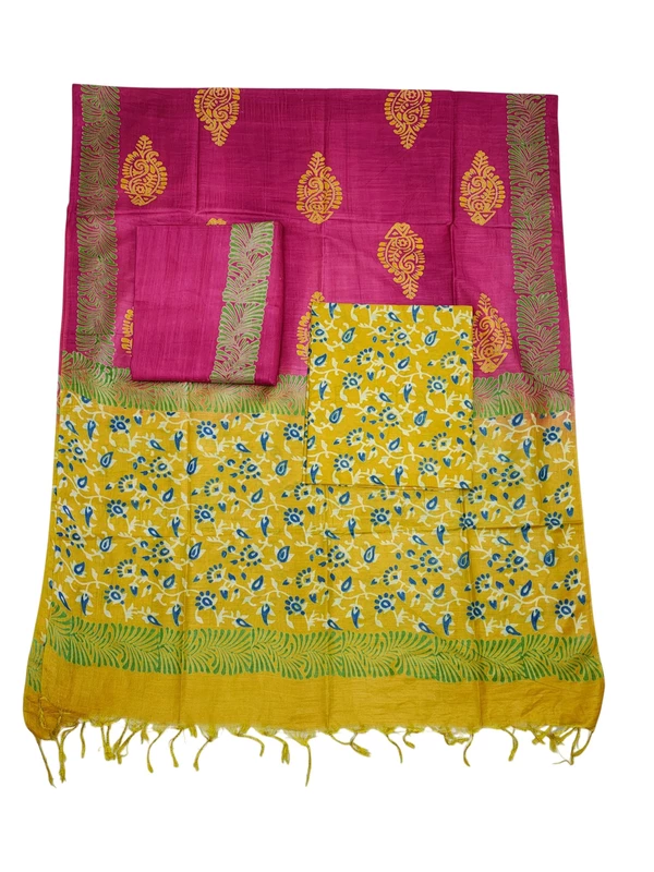 Yellow Unstitched Block Print Silk Salwar Suit Dress Material with Dupatta