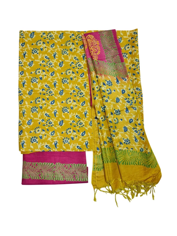 Yellow Unstitched Block Print Silk Salwar Suit Dress Material with Dupatta