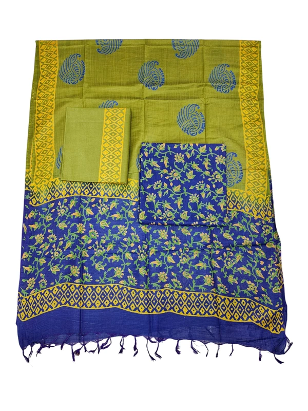 Navy Blue & Green Ajrakh Print Cotton Silk Unstitched Suit Set