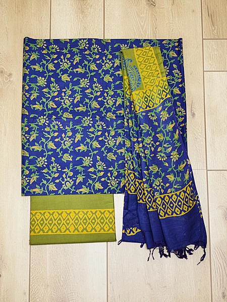 Navy Blue & Green Ajrakh Print Cotton Silk Unstitched Suit Set