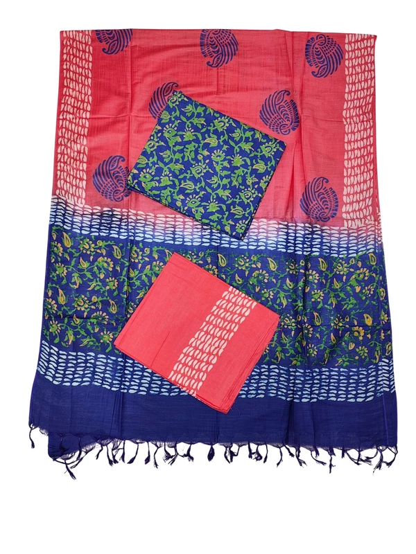 Navy Blue & Pink Ajrakh Print Cotton Silk Unstitched Suit Set