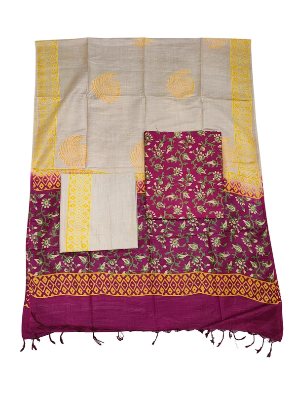 Pink & Yellow Ajrakh Print Cotton Silk Unstitched Suit Set