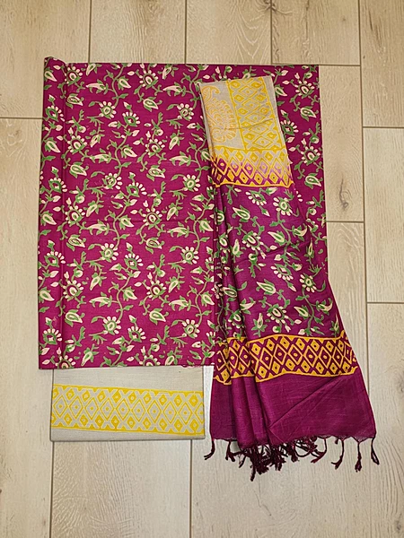 Pink & Yellow Ajrakh Print Cotton Silk Unstitched Suit Set