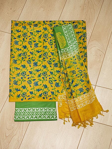 Yellow Ajrakh Print Silk Salwar Suit Set with Dupatta