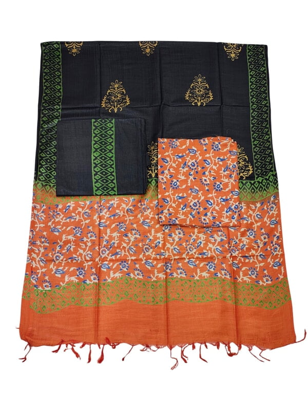 Orange & Black Ajrakh Print Cotton Silk Unstitched Suit Set